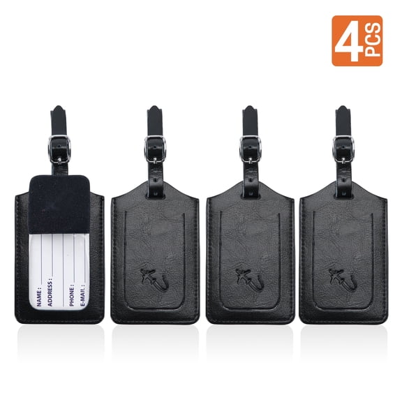 UNIWELL 4PCS Luggage Tags, Privacy Cover ID Label Adjustable Strap for Travel Cruise Bag Suitcase PU Leahter Black