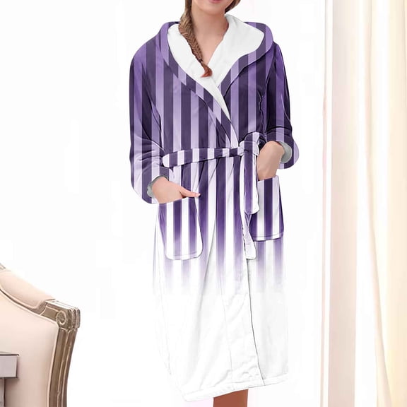 Nrmvnmi Flannel Hooded Bathrobe Robe For Women Soft Fuzzy Robe Pajamas Lightweight Knee Length Robes With Belt Pockets Cute Graphic Prints Warm Sleepwear Robe For Fall Winter