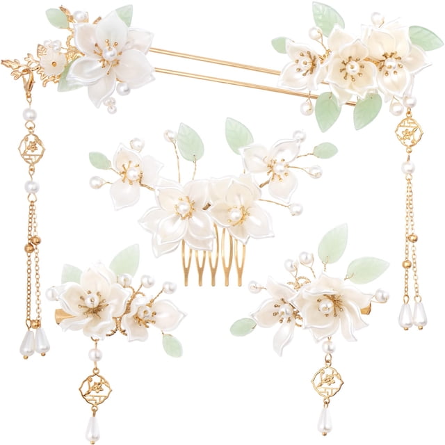 Mxxipp 5 horquillas con borlas de flores de camelia, horquillas chinas vintage para el pelo, moño de perlas, accesorios para el cabello para cabello fino, grueso, largo y corto, color blanco