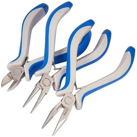 3 Pinces pour Creation de Bijoux : 1 Pince a Bout Rond, 1 Pince Plate, 1 Pince Coupante; Poignee Bleue et Blanche, 110~125x70mm