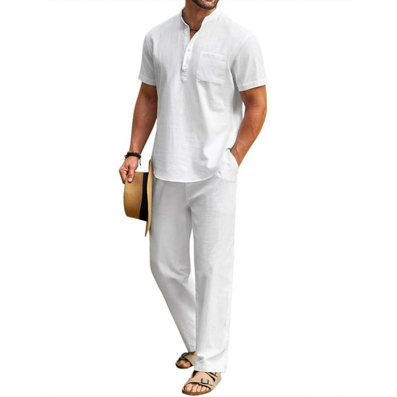 COOFANDY Men's Cotton Linen Sets 2 Piece Casual Blue Henley Shirt Short Sleeve Beach pants with Pockets Outfits
