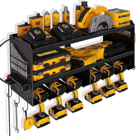 Power Tool Organizer Wall Mount with Charging Station, Garage Tool Shelf 6 Drill Holders, Tool Battery Holder with Screwdriver Heavy Duty Rack, Tool Storage Rack with 4 Outlet Power Strip