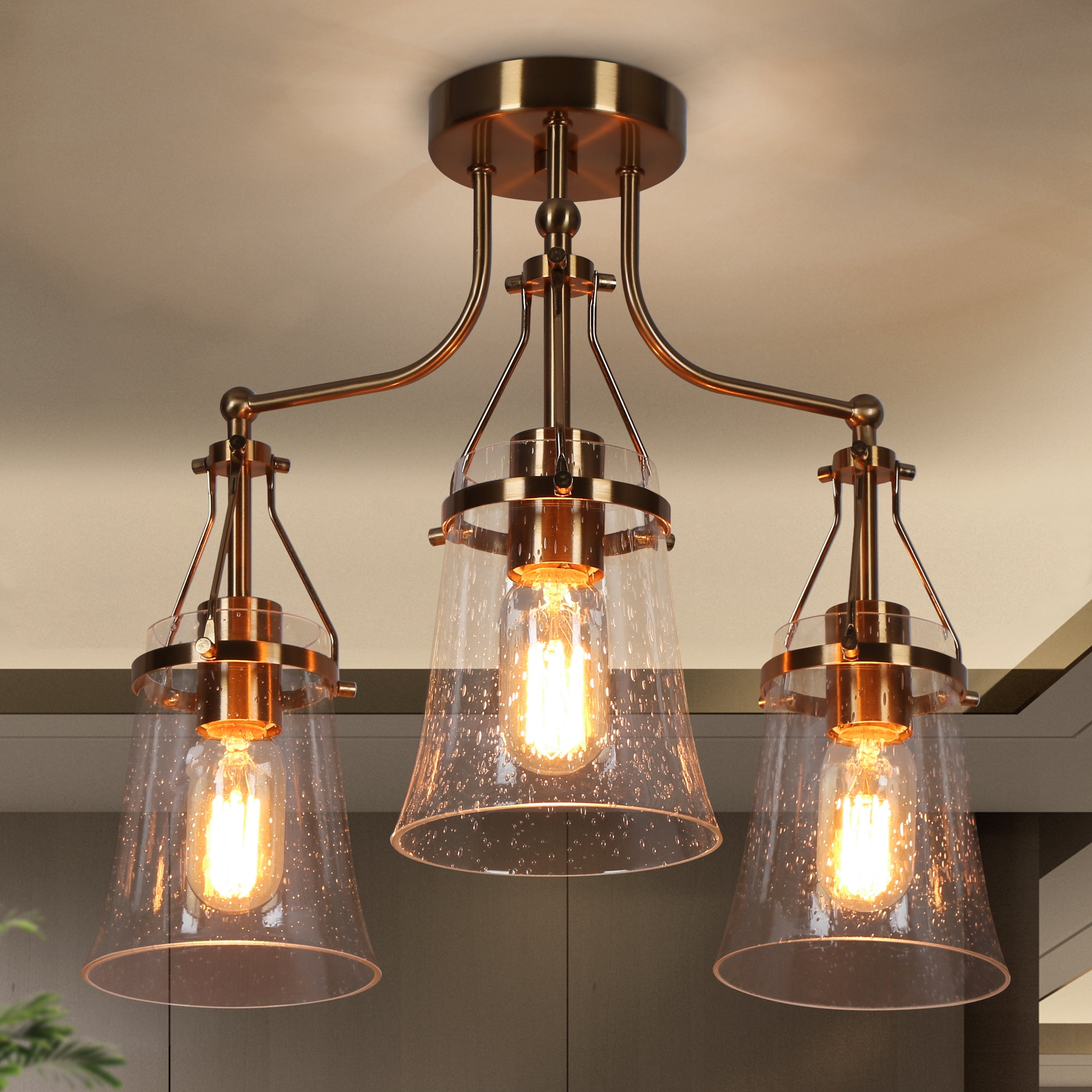 LNC Auisre 3-Light 18.9-in Polished Gold LED Semi Flush Mount Light
