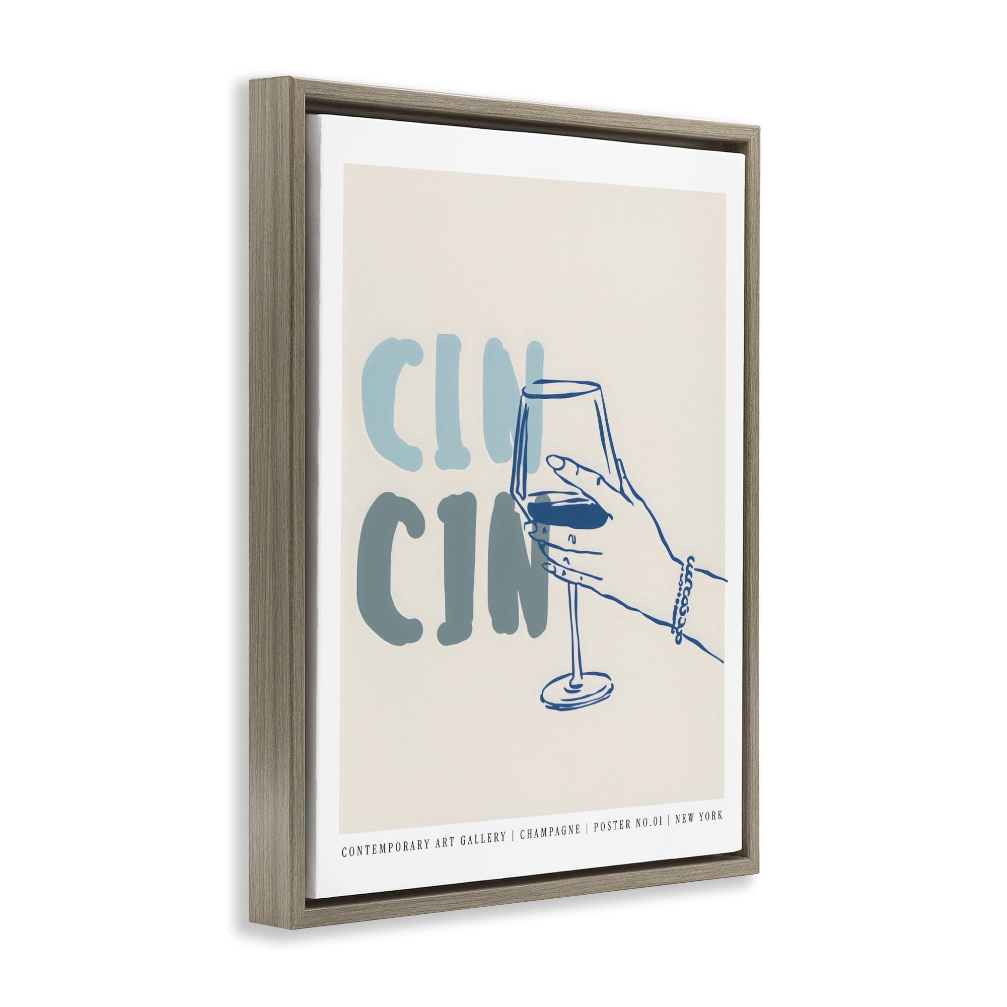Stupell Industries Cin Cin Blue Champagne Toast Brown Framed Floater Canvas Wall Art, design by The Prints Vibe