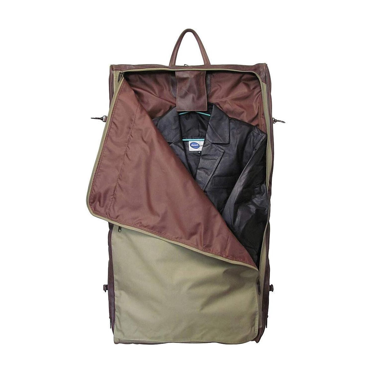 HomeStock Leather Three-Suit Garment Bag in Top Grain Genuine Leather with Shoulder Strap, Spacious Compartments, and Wrinkle-Free Suit Holder, 23" x 5" x 19"