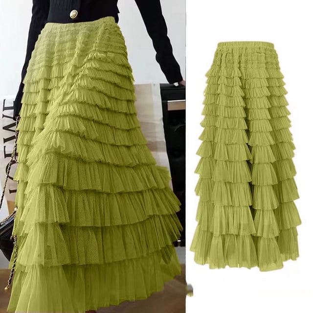 Falda plisada de tul con volantes multicapa para mujer, de cintura alta maxifalda mullida, vestido de pastel de hadas, Falda larga de tutú para fiesta, verano y primavera