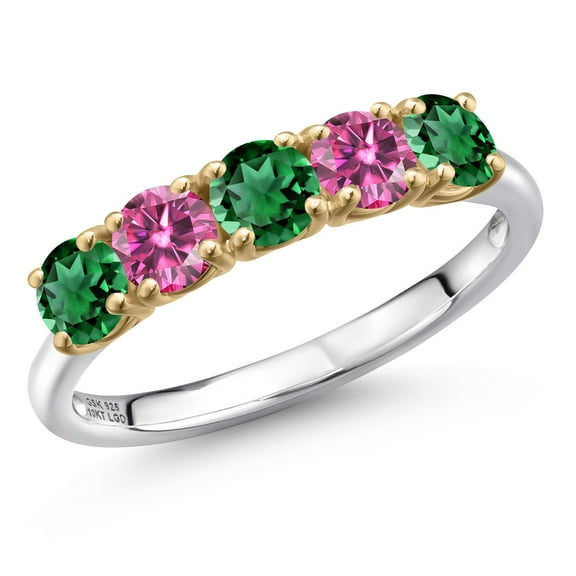 Gem Stone King 925 Silver and 10K Yellow Gold Green Nano Emerald and Pink Moissanite Wedding-Bands Ring for Women | 1.36 Cttw | Round 4MM | Gemstone May Birthstone | Size 6
