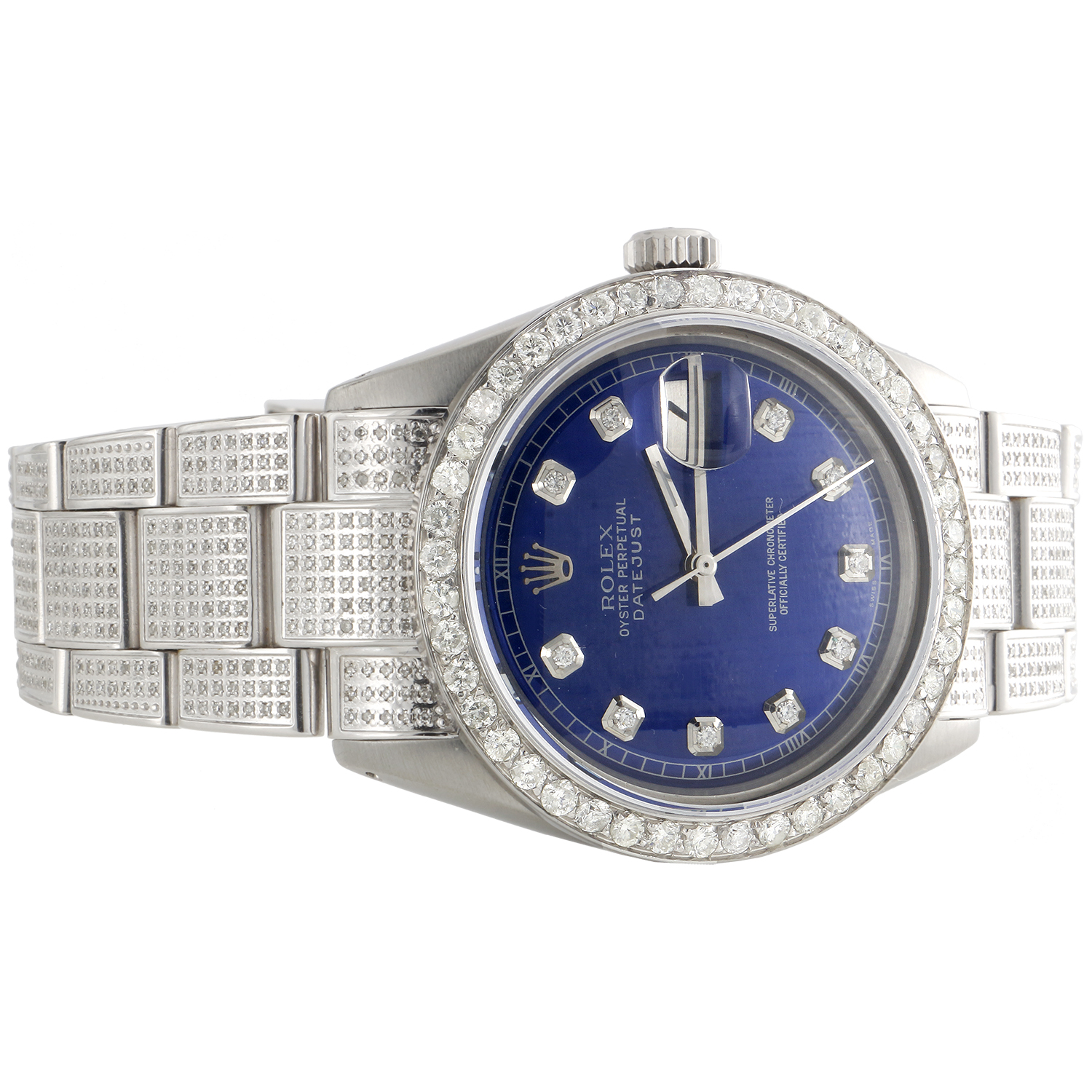 Mens Rolex 36mm DateJust Diamond Watch Fully Iced Band Custom Blue Dial 5.10 CT. - image 2 of 8