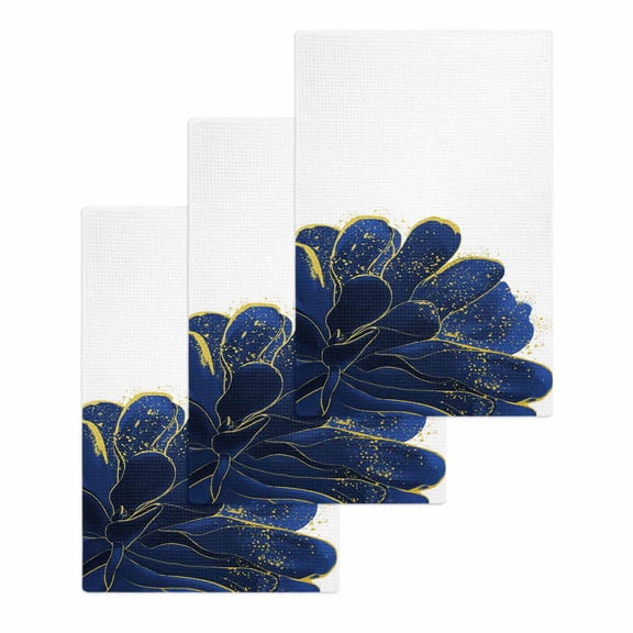 Navy Blue Gold Hand Towels Set,Waffle Weave Kitchen Towels 3PCS,Abstract Line Art Troditional Ink Painting Microfiber Hair Face Bath Tea Towel Absorbent Quick Drying Cleaning Dish Cloths,15.7"x23.6"