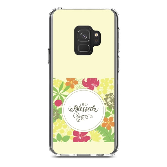 DistinctInk Clear Shockproof Hybrid Case for Samsung Galaxy S9 (5.8" Screen) - TPU Bumper, Acrylic Back, Tempered Glass Screen Protector - Be Blessed - Floral Pattern Yellow