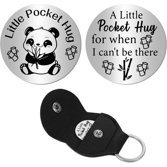Panda Pocket Hug Token Long Distance Relationship Keepsake Stainless Steel Double Sided with PU Leather Keychain Gift for Boyfriends Bestie Friends Valentine Christmas 1.2x1.2 Inch