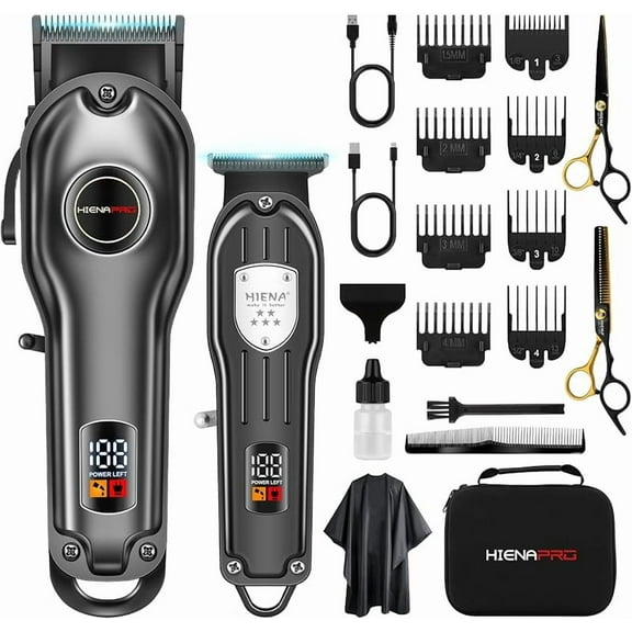 HIENA PRO Professional Hair Clippers Set for Men, Cordless Barber Clipper Berad Trimmer Set, Hair Cutting Machine Kit, Rechargeable Clipper Set for Barbers with LED Display (Black)