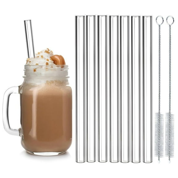 Short Glass Straws, 6 in x 10 mm Clear Straws for Cocktails, Whiskey, Coffee, Pack of 8 with Cleaning Brush