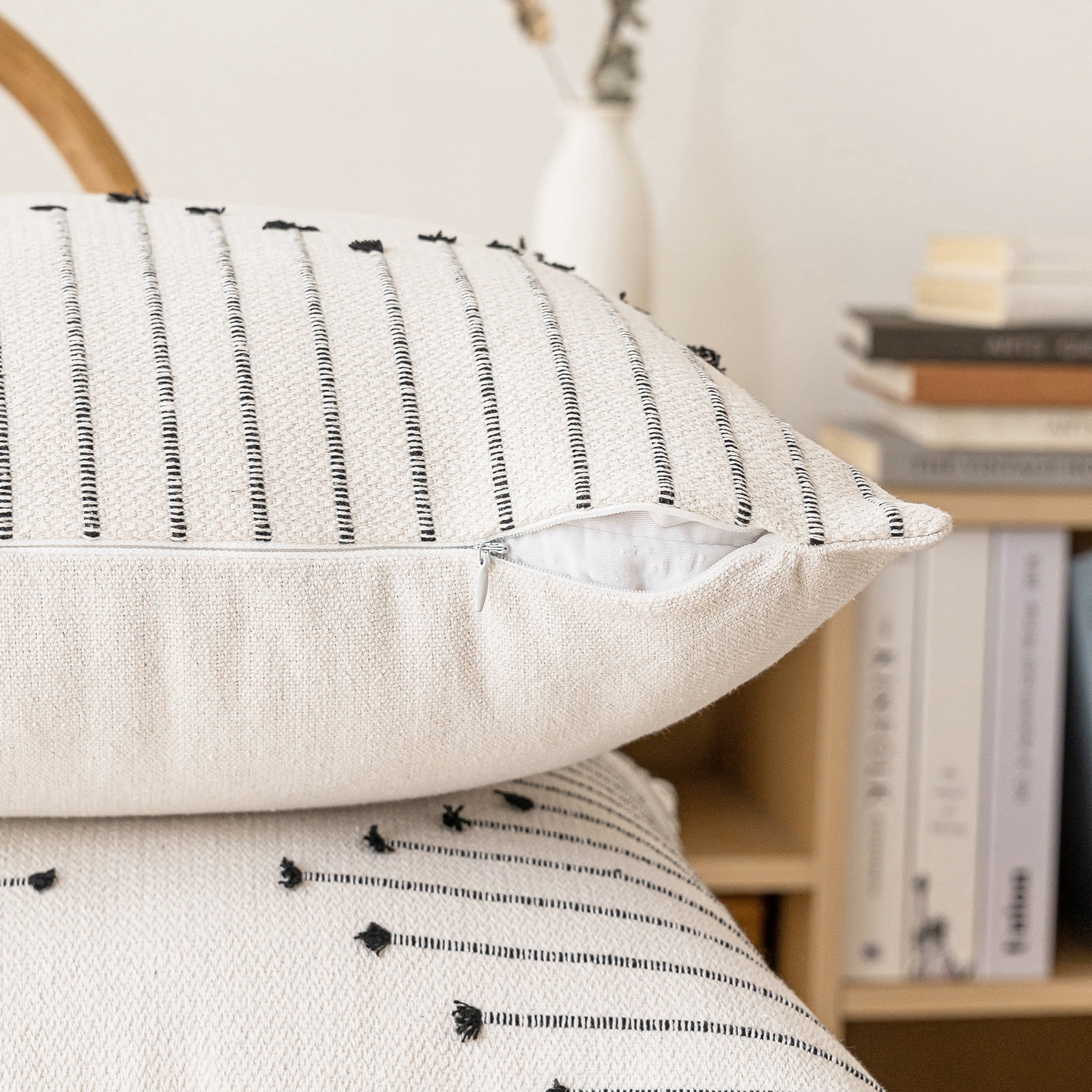 Skodaer Boho Decorative Throw Pillow Covers Beige and Black Striped Pillow Case,12x20,2 Count