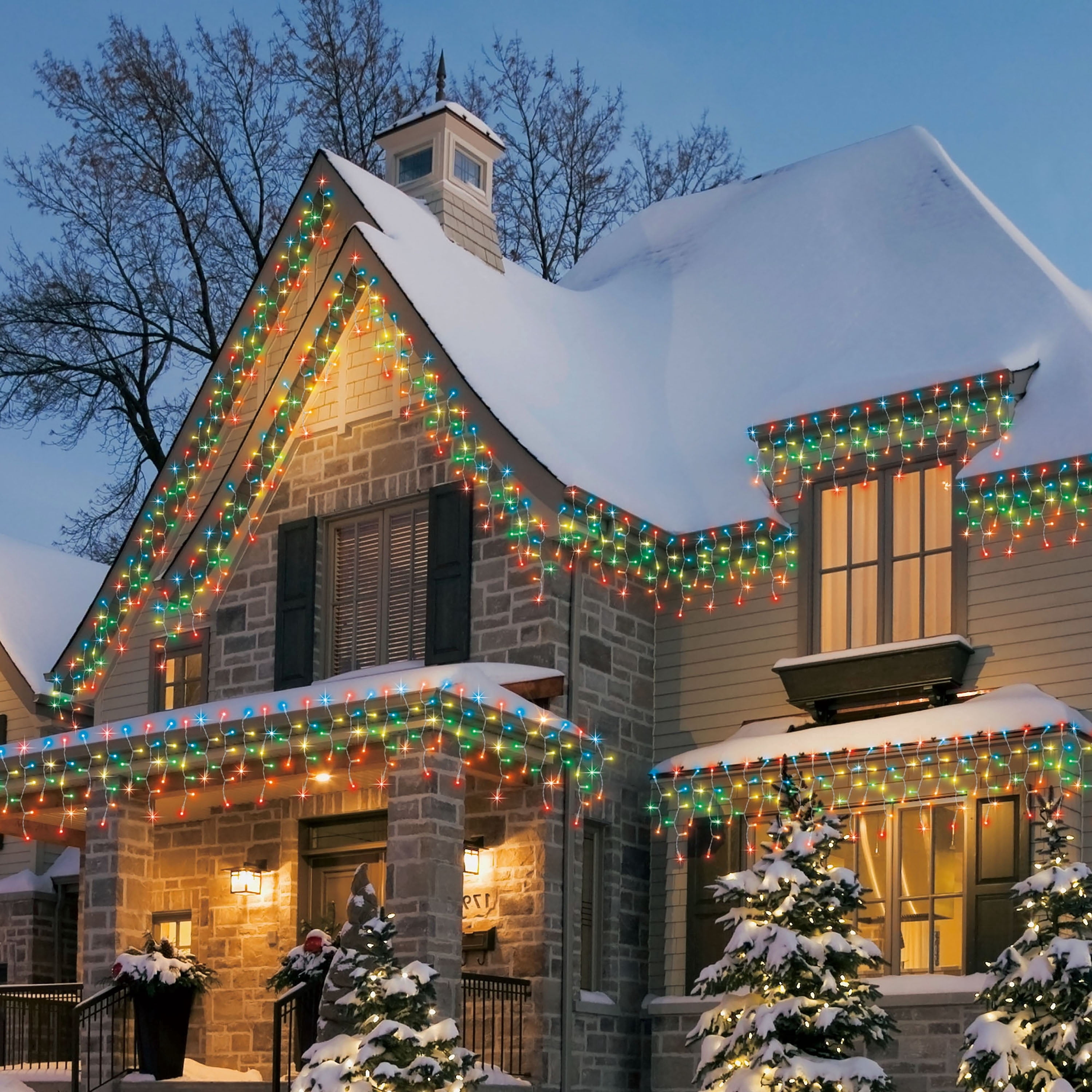 Indoor/Outdoor 200-Count LED 8-Function Sync Christmas Icicle Lights, Multicolor, White Wire, 24', by Holiday Time
