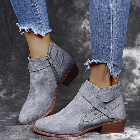 

TUTUnaumb Winter Hot Sale Clearance Retro Women Leather Square Heel Zipper Solid Color Short Booties Round Toe Shoes for Party/Wedding/Leisure-Gray