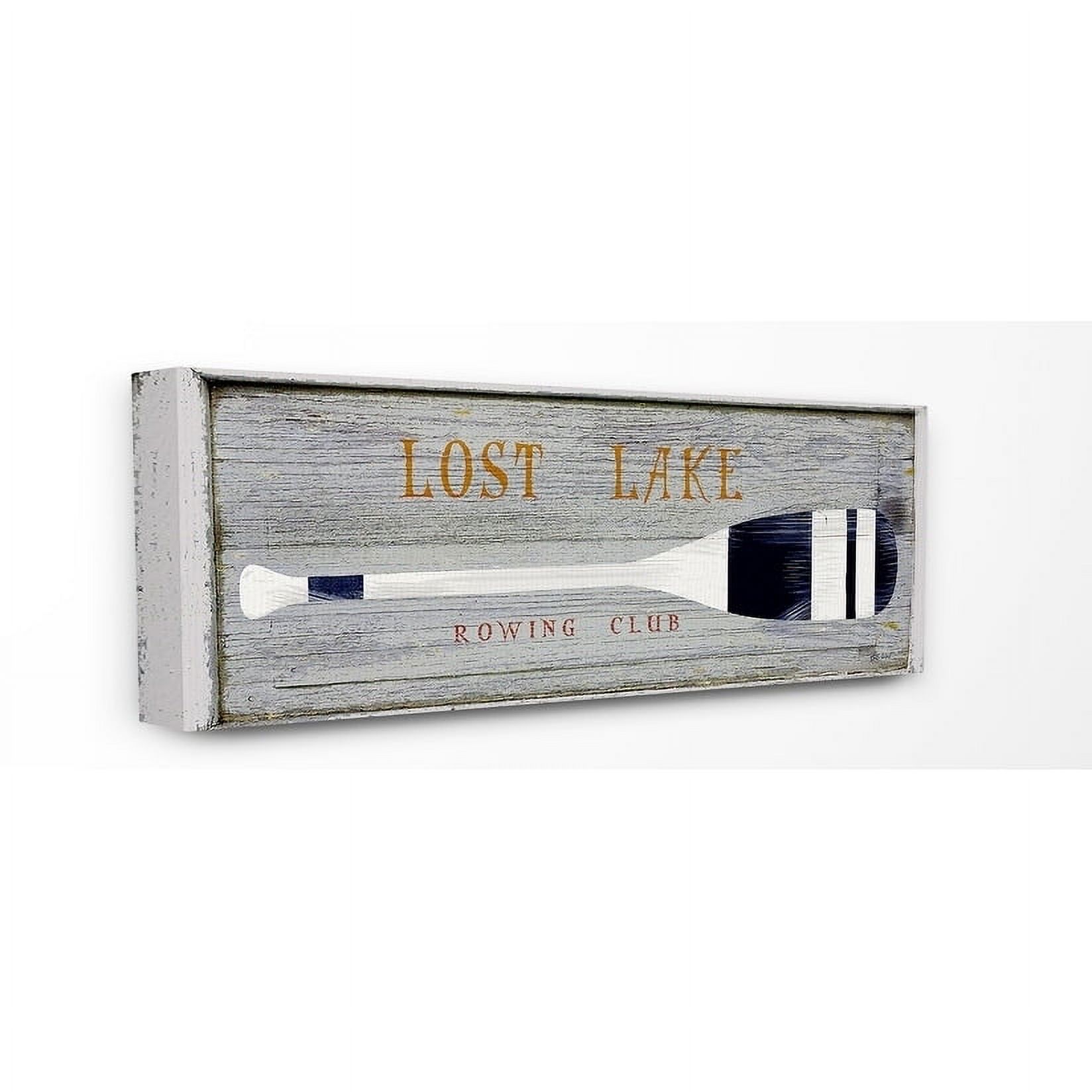 The Stupell Home Decor Collection Rustic Grey Planked Look Blue and White Oar Lost Lake Rowing Club Oversized Stretched Canvas Wall Art, 13 x 1.5 x 30
