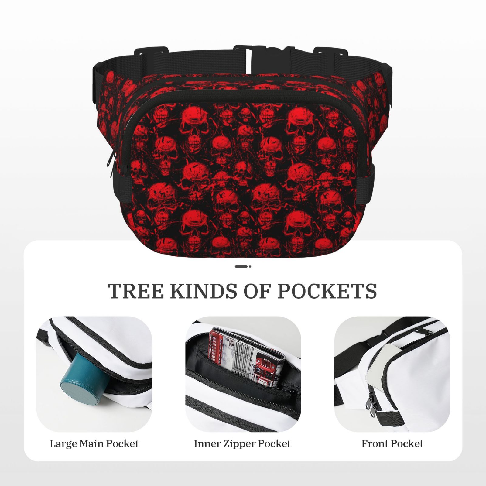Hirioo Red Skulls for Double Layer Waist Bag Adjustable Fanny Pack For Travel Running Hiking