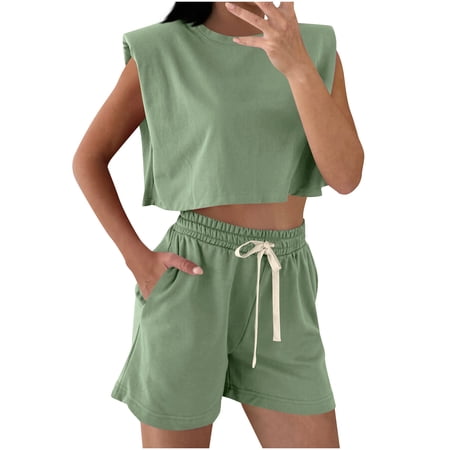 Fmbrln Womens Summer 2 Piece Sets Casual Solid Color Crew Neck Sleeveless Shoulder Padded Tank Tops and Drawstring Elastic Waist Sweatshorts Sets Lounge Sets Green M