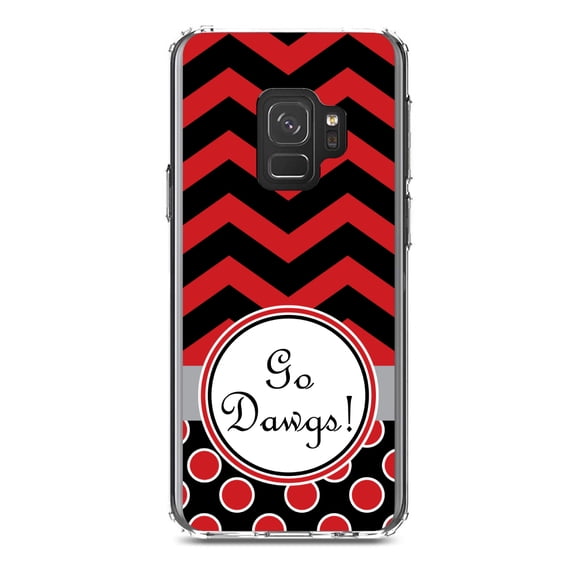 DistinctInk Clear Shockproof Hybrid Case for Samsung Galaxy S9 (5.8" Screen) - TPU Bumper, Acrylic Back, Tempered Glass Screen Protector - Red Black Go Dawgs