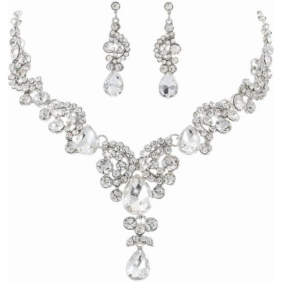 Bride Wedding Jewelry Sets Crystal Bridal Necklace Earrings Set Rhinestone Choker Necklace Prom Costume Jewelry for Women and Brides