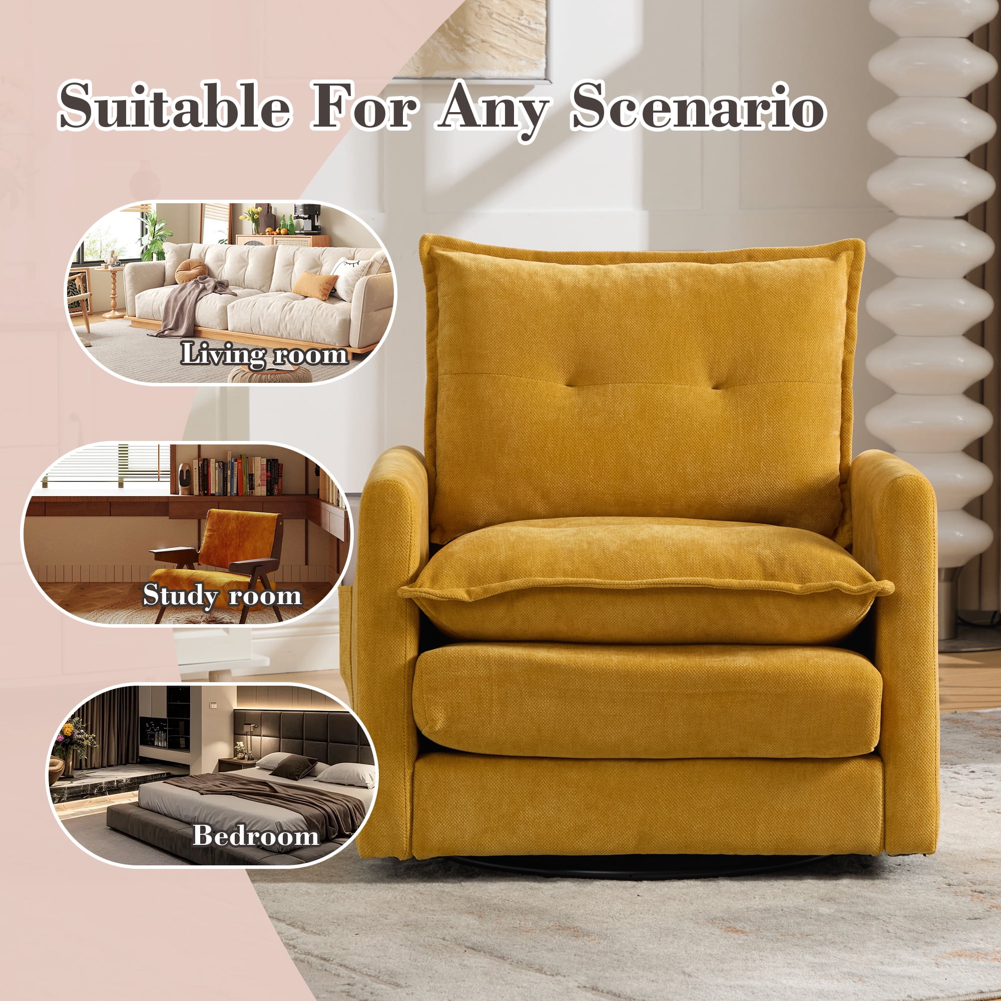 Leumius Swivel Accent Chair,Mid Century Modern Chenille Armchair with Thick Padded and Metal Base,Swivel Single Sofa Chair Barrel Reading Chair for Living Room Bedroom,Mustard Yellow