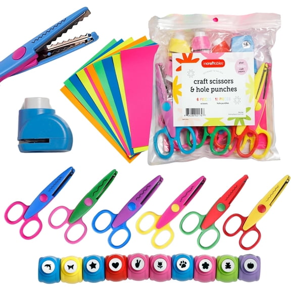 Craft Scissors Decorative Edge, 6 Pack, Zig Zag Scissors - 10 Paper Hole Punch Shapes & 10 Colorful Pieces of Paper
