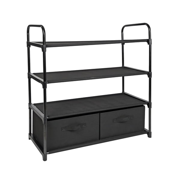 Mainstays 4 Shelf Closet Storage Organizer for Clothes with 2 Fabric Bins, Black, Metal Frame
