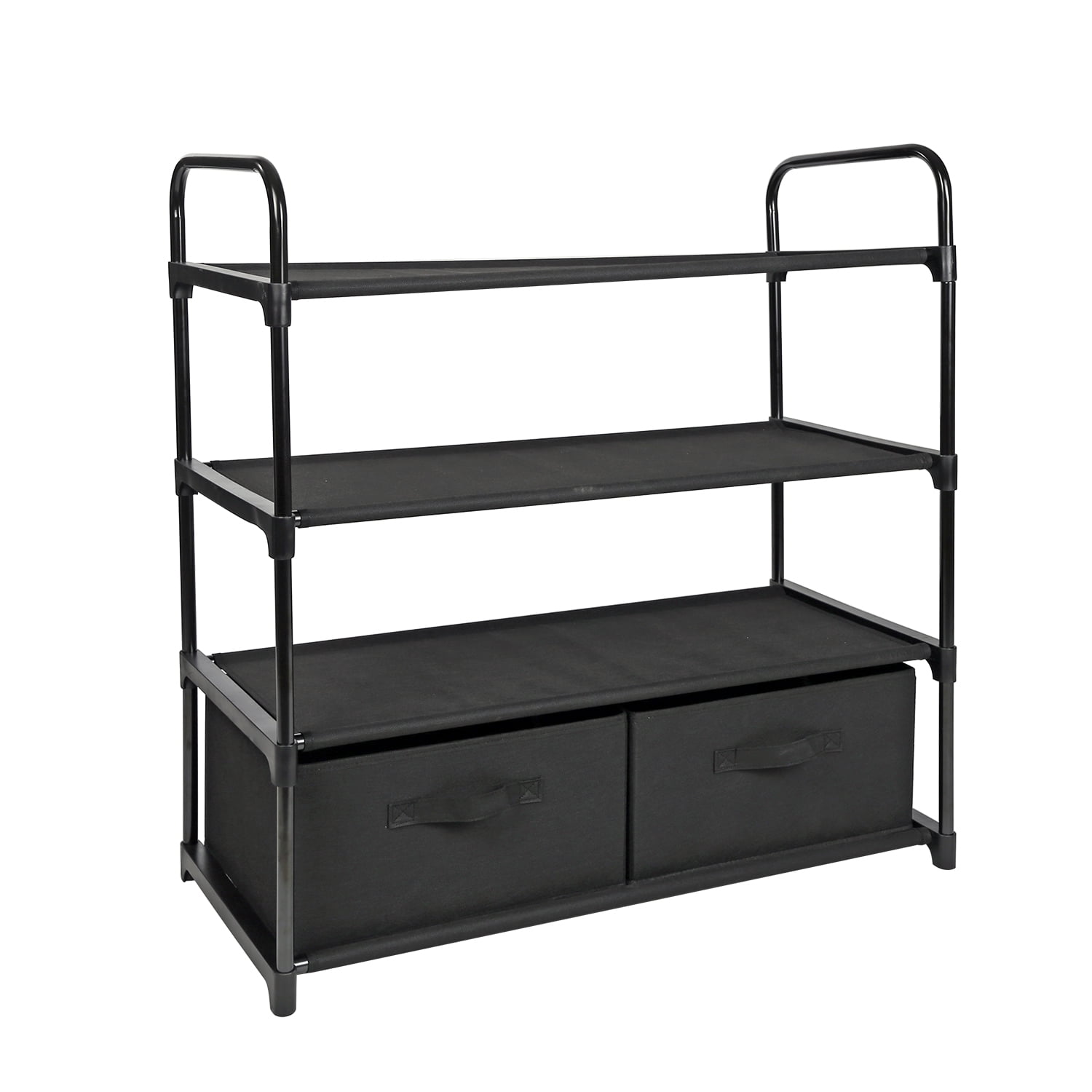 Mainstays 4-Shelf Closet Organizer with 2 Fabric Bins, Black, Metal Frame