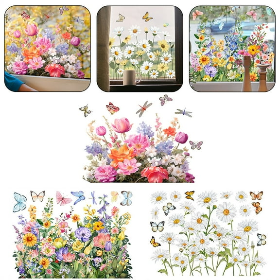 1 Clearance! Colorful Floral Bouquet Window Flower Window Clings Reusable Removable Double for Home Decor Stickers