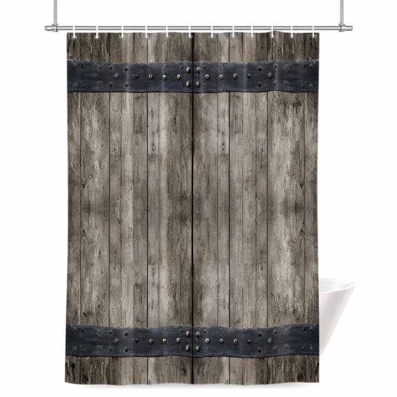Country Barn Door Shower Curtain, Distressed Retro Brown Wood Grain Rivet Waterproof Shower Curtain Set with 12 Hooks Lightweight Bath Curtains Fabric Bathroom Decor 72x78 Inches