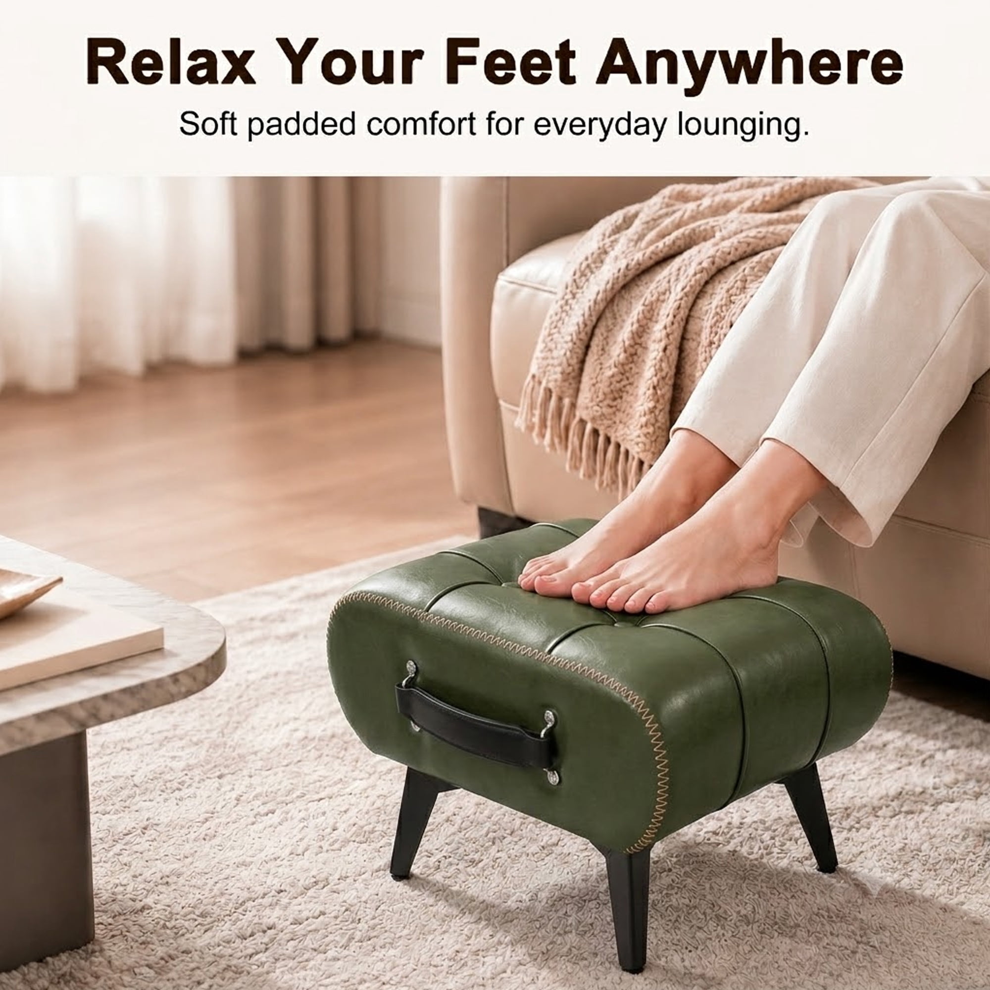 Leumius Leather Stool with Portable Handles and Metal Legs, Modern Minimalist Square Footrest with Hidden Storage Space for Living Room Green
