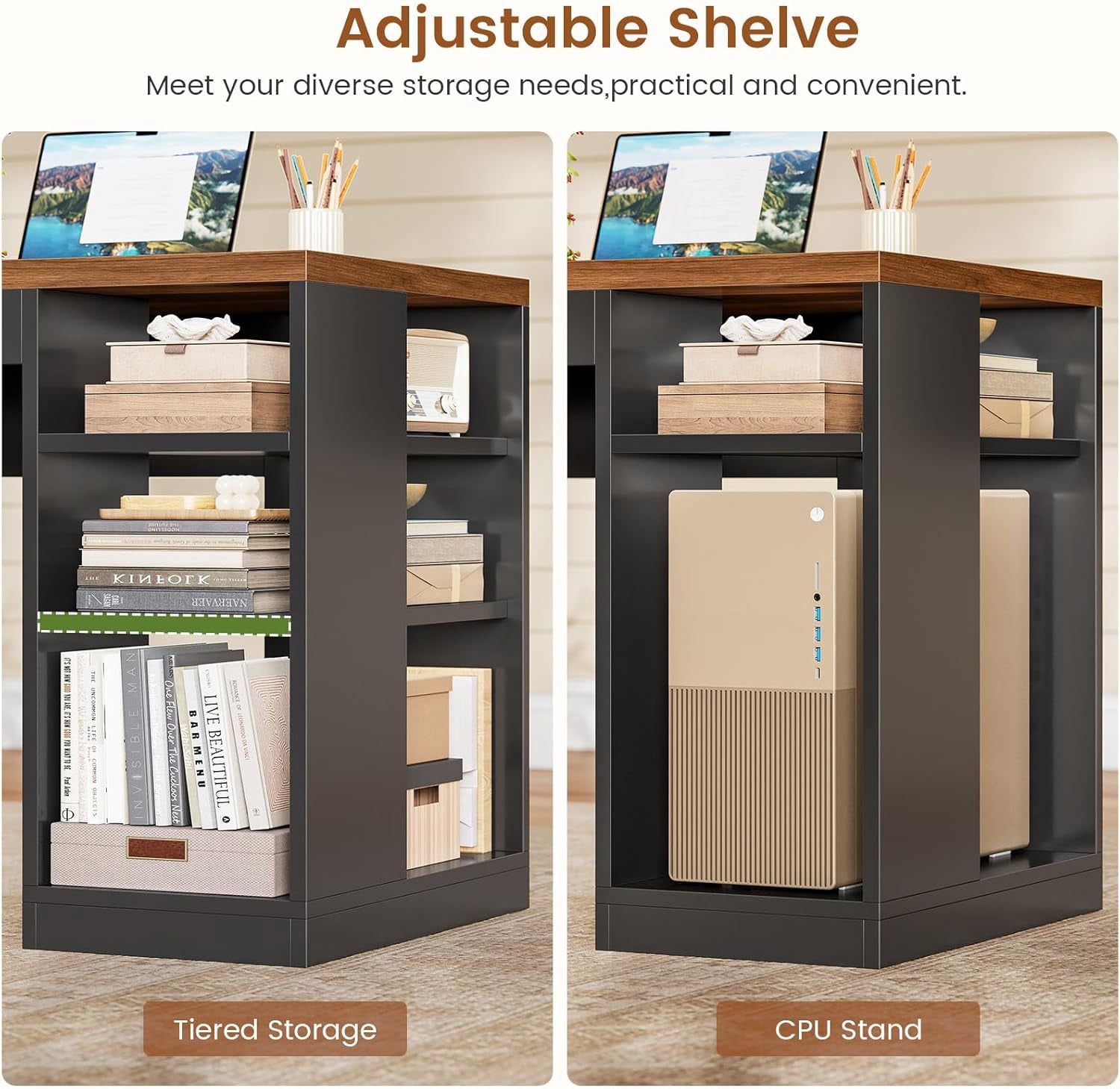 SEDETA L Shaped Desk with 2 Drawers, 65"x 59" Large Home Office Desk with Lockable File Drawer & Power Strip, Corner Desk with Storage & LED Strip, Black + Brown