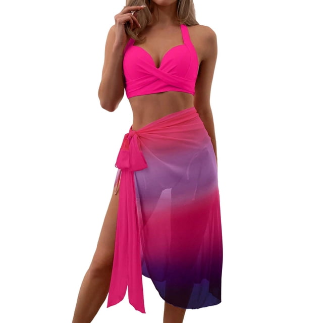 TSADFHJI Rashguard Swimsuit Women Plus Size Women's Gradient Split Bikini Skirt Cover Up Three Piece Set L