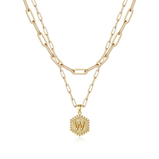 Colliers Initiaux Superposés pour Femmes, Collier Chaîne Trombone Simple Mignon Pendentif Lettre Hexagonale Collier Ras du Cou Initial Or Colliers Superposés pour Femmes, Or