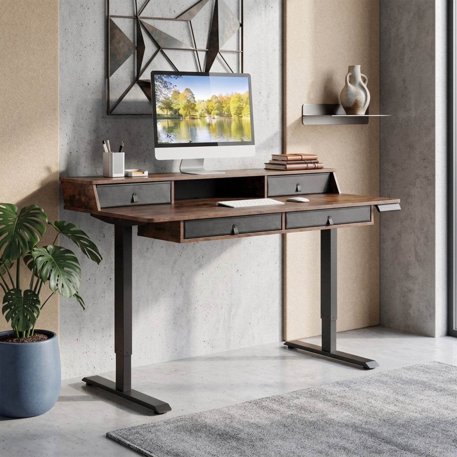 Furnibear 55 x 27 Inch Electric Standing Desk with 4 Drawers Monitor Stand Memory Presets and Cable Management for Home Office, Rustic Brown