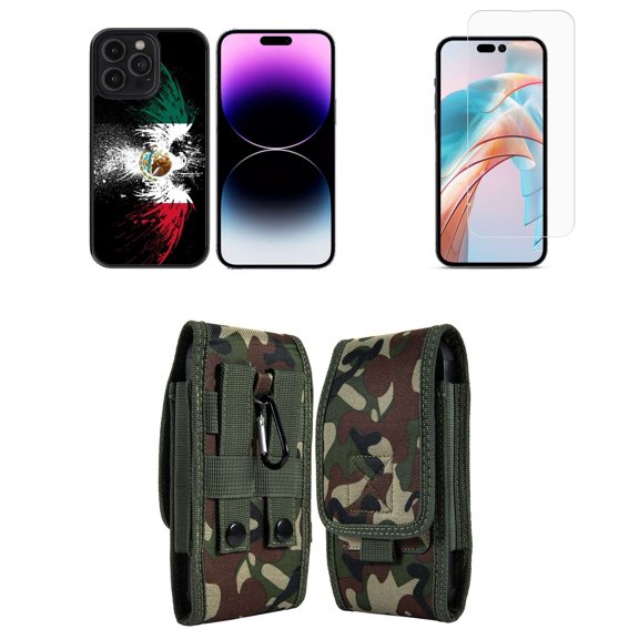 Bemz Phone Case for iPhone 15 Pro Bundle with Lightweight Shockproof Scratch Resistant UV Print Protective TPU Cover, Screen Protector, Vertical Nylon Belt Holster Pouch (Mexico Eagle)