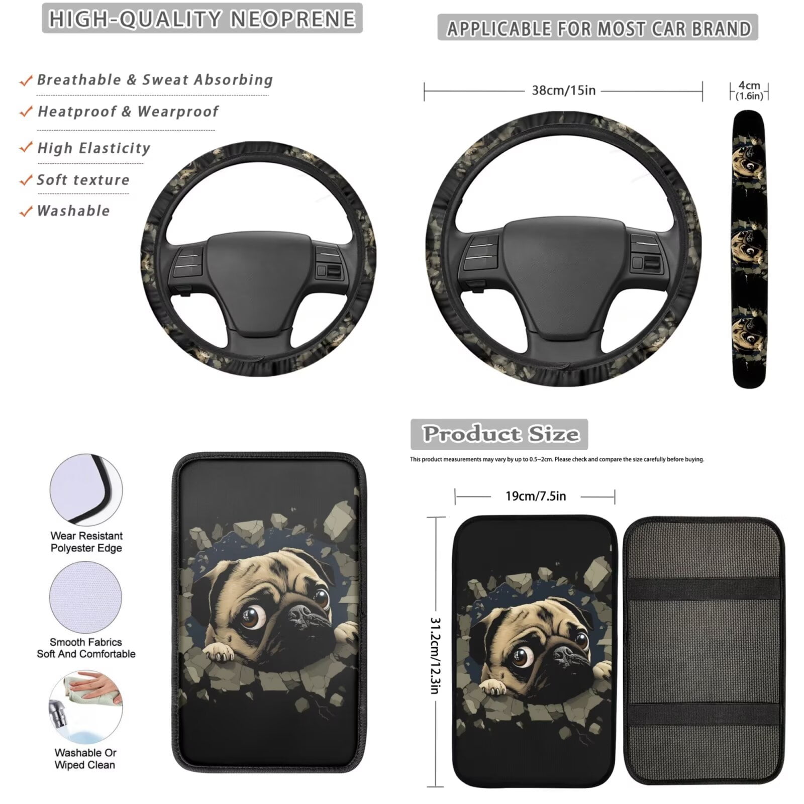 Garronmavis Pug Full Set of 13 Car Seat Covers Auto Interior Accessories Auto Keychains Lipstick Cover Cup Mats Seat Belt Cover Steering Wheel Cover