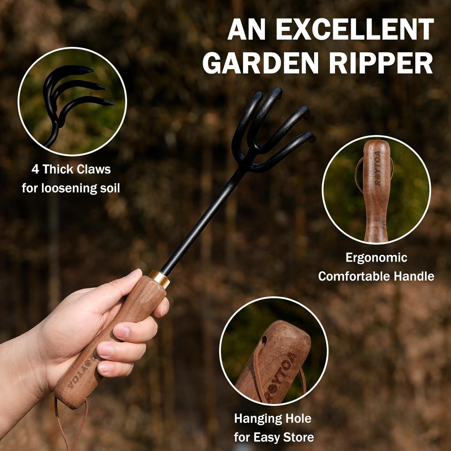 RGHJAR-Hand Cultivator Rake, Ergonomic Small Garden Rake with Walnut Handle & 4 Durable Tines, Garden Tools for Weeding, Digging and Cultivating