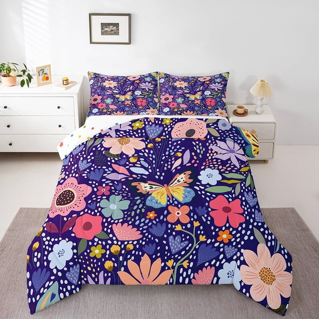 Erosebridal Kawaii Butterfly Bedding King Comforter Set,Cartoon Animal Bedding Sets King with Comforter,Microfiber Reversible Comforter Sets King Size,Floral Decor