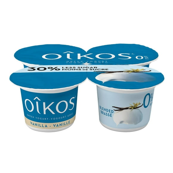 Oikos Yogourt grec, 30% moins de sucre, sans matières grasses, Vanille, emballage de 4 4x100g
