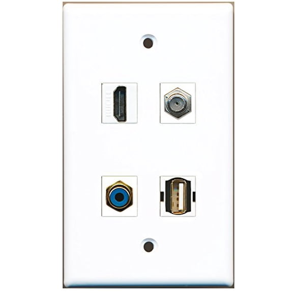 RiteAV - 1 Port HDMI 1 Port RCA Blue 1 Port Coax Cable TV- F-Type 1 Port USB A-A Wall Plate