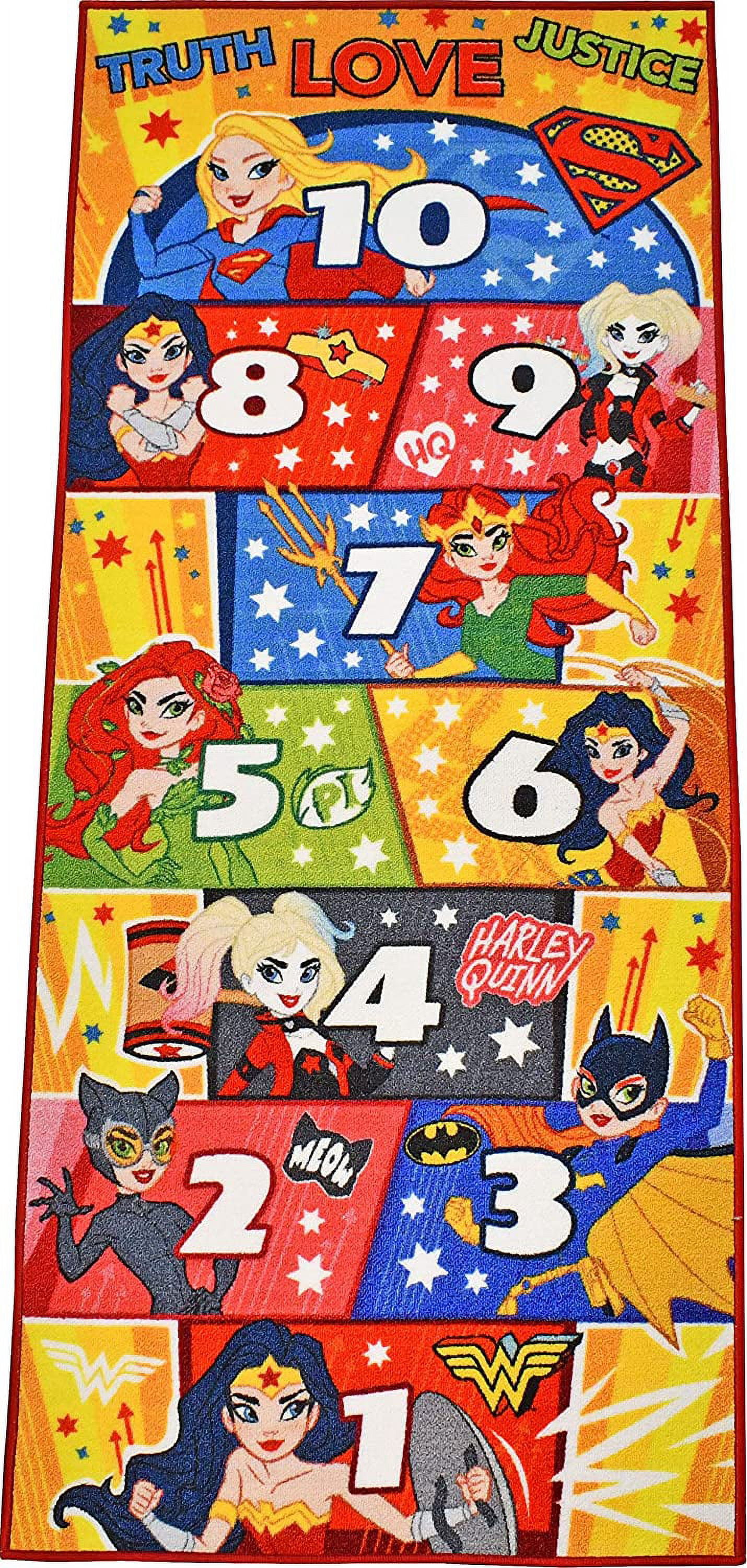KC Cubs | Justice League Girls Hopscotch Number Counting Activity Educational Learning & Fun Game Play Area Non-Slip Rug Carpet for Kids and Children Bedrooms, Classroom and Playroom