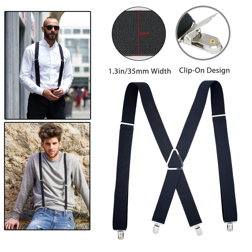 Mens Braces Suspenders Black  Adjustable Elastic Retro Formal Braces Tux 25mm 