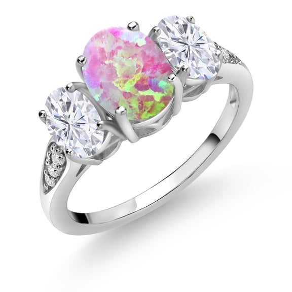 Gem Stone King 10K White Gold Pink Simulated Opal White Moissanite and White Lab Grown Diamond 3 Stone Engagement Ring for Women (2.09 Cttw, Gemstone Birthstone, Available in Size 5, 6, 7, 8, 9)