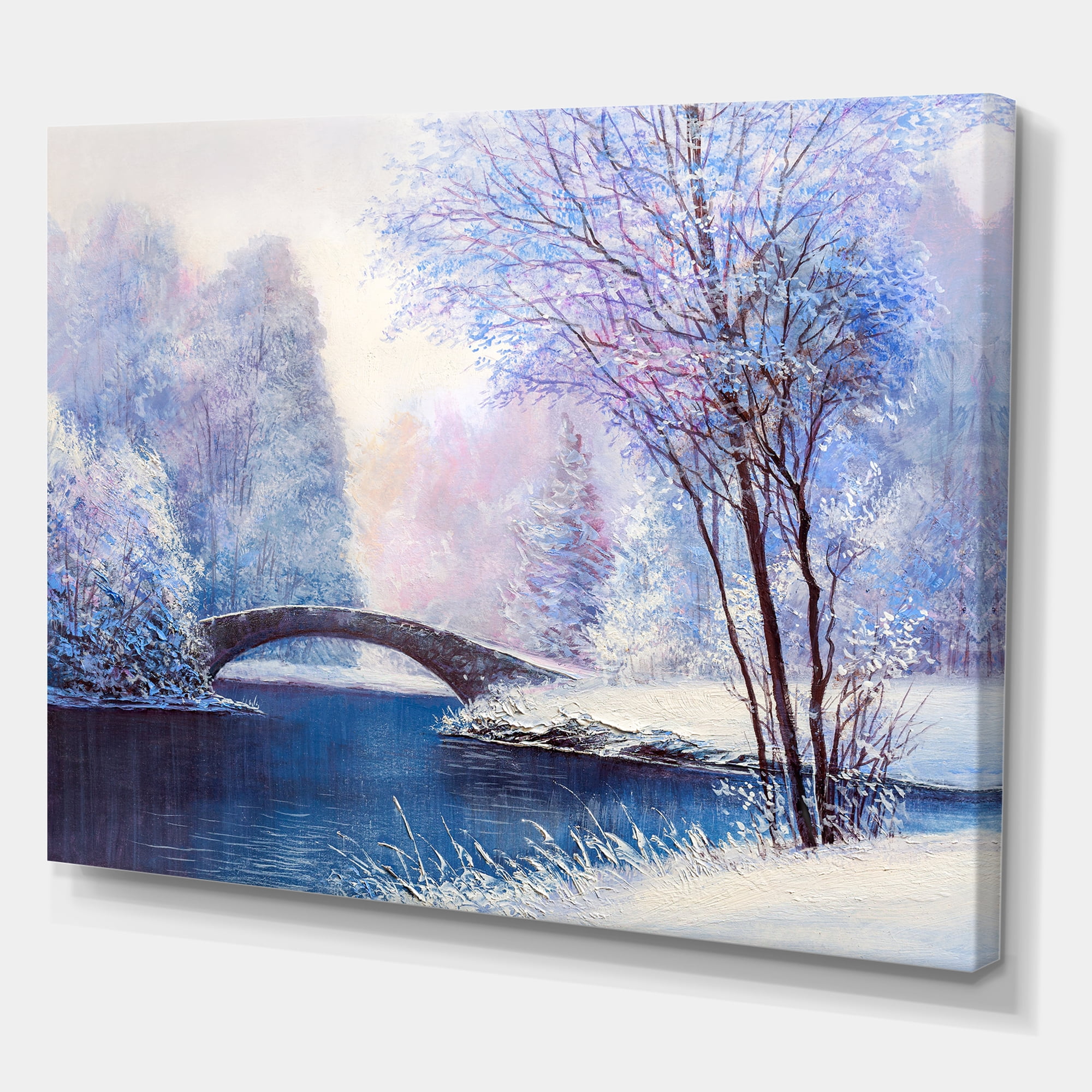 Designart ' Bridge Of Meandering River With Winter Scenery III ' Lake House Canvas Wall Art Print