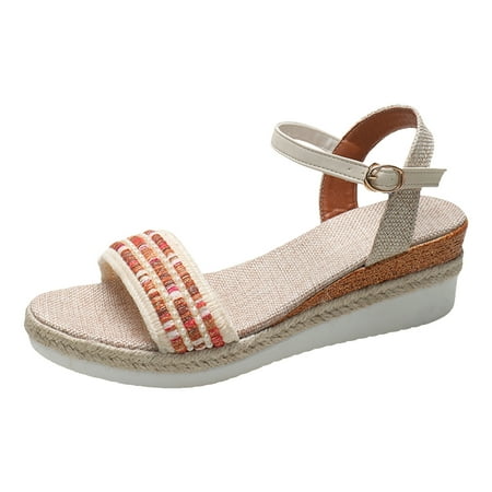 

Ladies Summer Retro Colour Blocking Bohemian Style Woven Thick Bottom Slope With Large Size Sandals Slippers