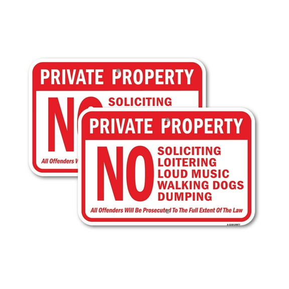 (2 Pack) No Soliciting Loitering Loud Music Walking Dog Dum | 12" X 18" Heavy-Gauge Aluminum Sign | Rust Free Aluminum, Weather Resistant, Waterproof, Fade Resistant, 2 Pre-drilled