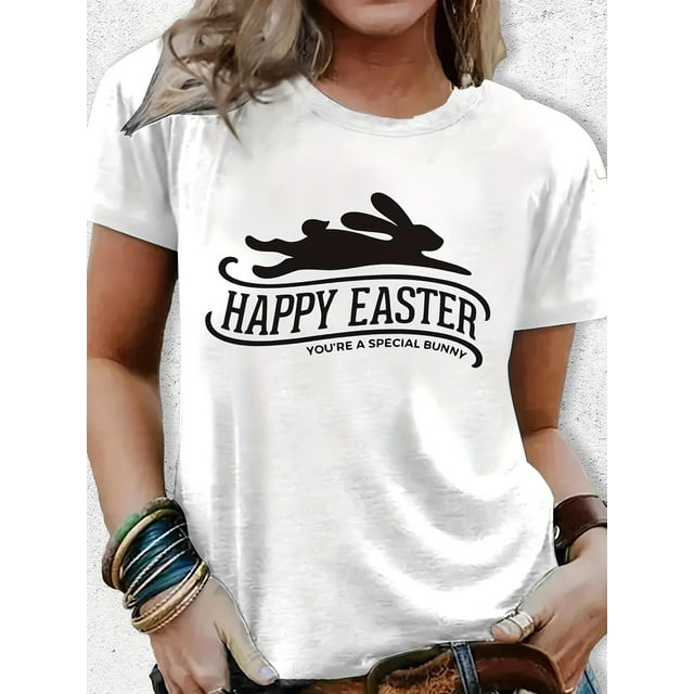 Women'S Round Neck Short Sleeve Top with a Running Bunny Design And 'HAPPY EASTER' Slogan, Plus Size T-Shirt - 2094 Tee For Adult, Men, Women, Teen, Teenager, Adolescent, Youth.