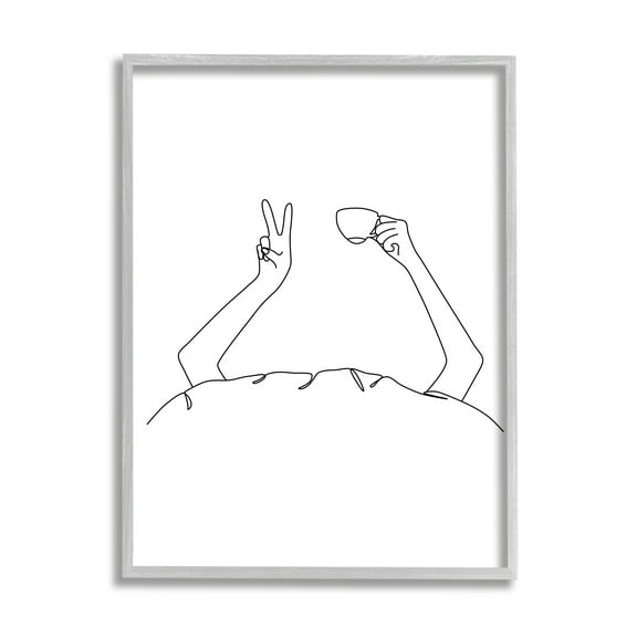 Stupell Industries Coffee In Bed Peace Sign Minimal Line Drawing Novelty Painting Gray Framed Art Print Wall Art, 11 x 14, Design by JJ Design House LLC